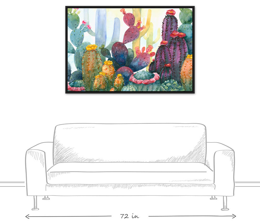 Colorful Blooming Cactus 32x48 Black Floating Framed Canvas