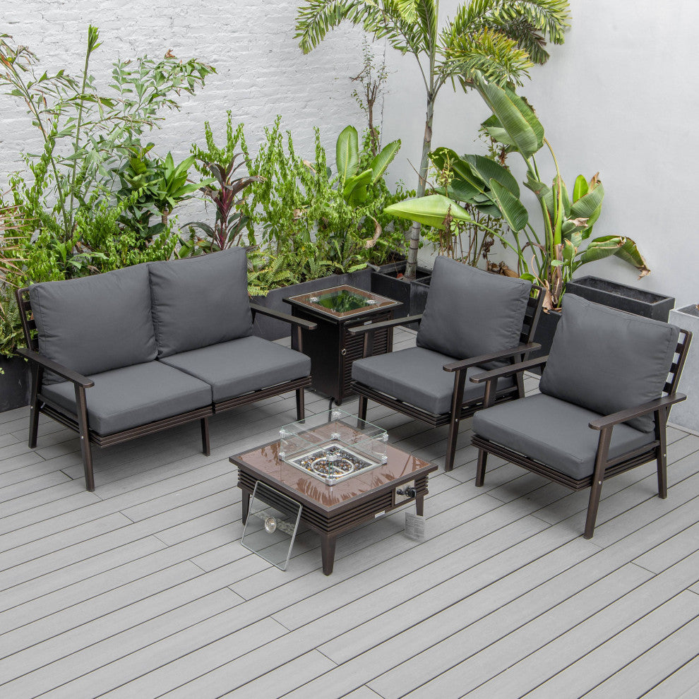 LeisureMod Walbrooke Patio Conversation Set With Fire Pit Table, Charcoal