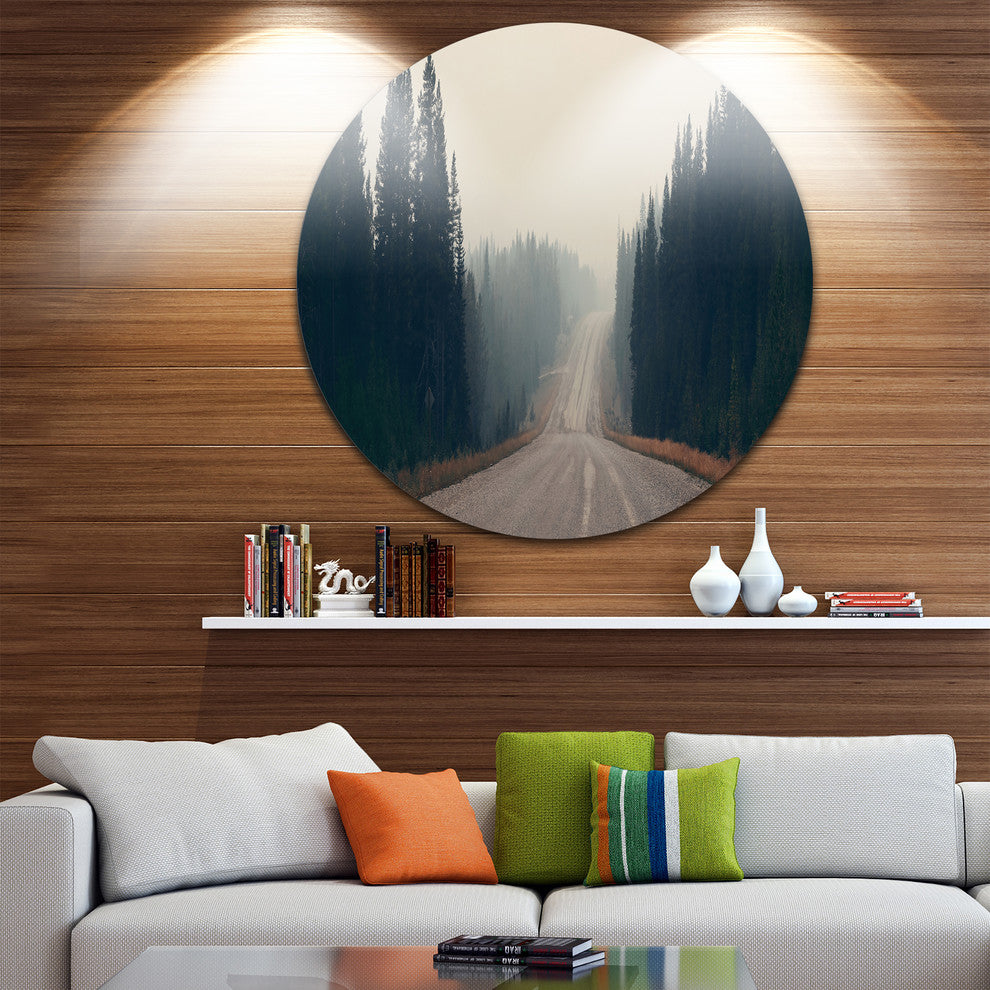 Foggy Road In Forest In Banff Park, Seascape Disc Metal Wall Art, 36"