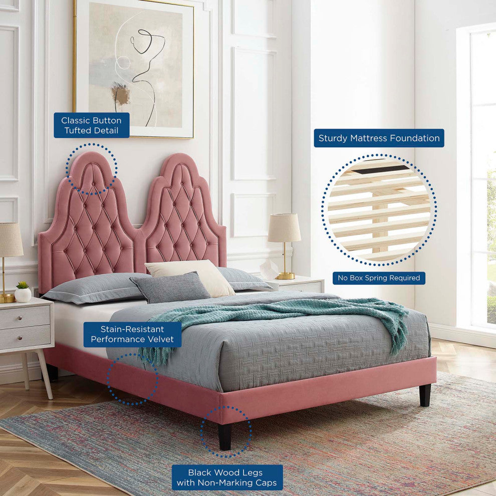 Tufted Platform Bed Frame, Queen Size, Velvet, Pink, Modern Contemporary