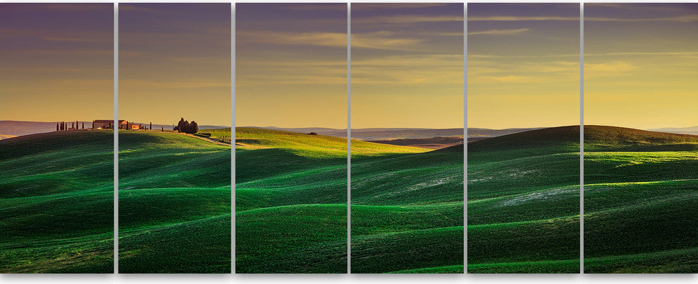 Green Rolling Hils in Crete Senesi, Landscape Canvas Wall Art, 70"x28", 6 Panels