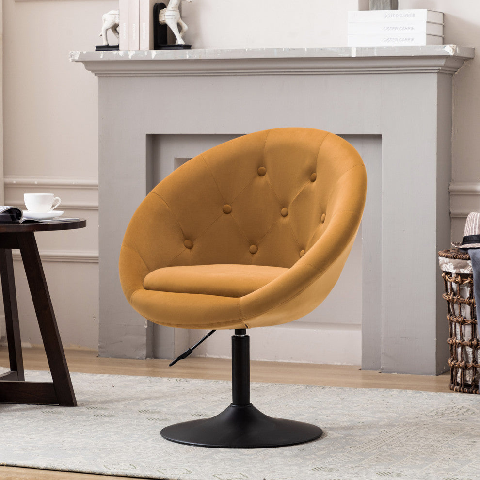 Button Tufted Swivel Velvet Papasan Chair, Earthy Yellow