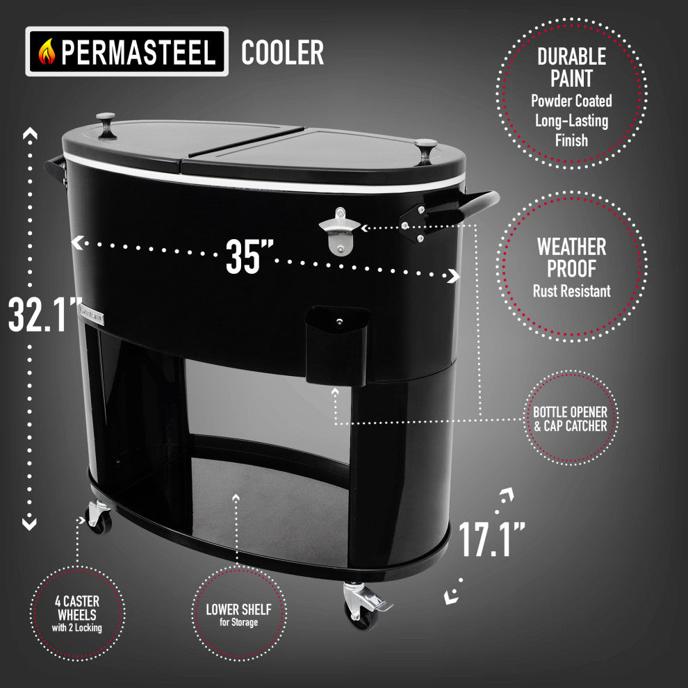 Permasteel 80 Quart Portable Rolling Oval Patio Cooler, Black