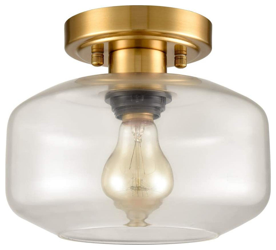 Modern Semi Flush Lighting Fixture Glass Ceiling Lamp, Brass Finish