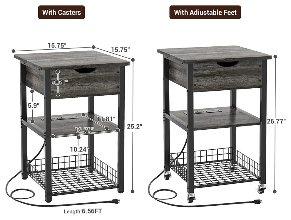 Modern End Table with Charging Station and Flip Top Storage Shelves