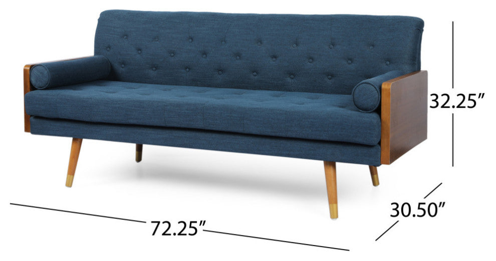 GDF Studio Aidan Mid Century Modern Tufted Fabric Sofa, Navy Blue/Dark Walnut