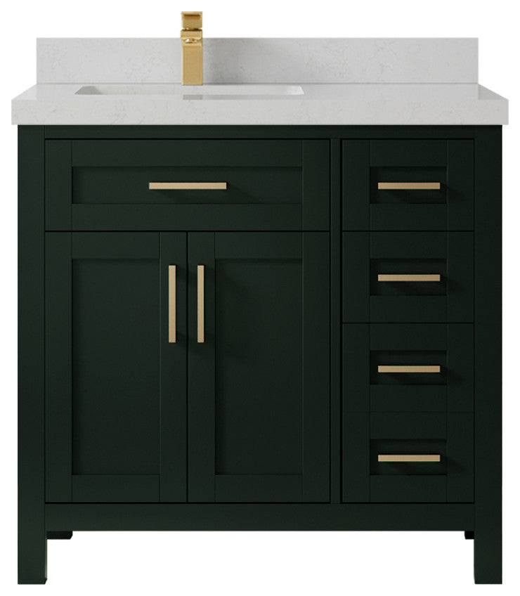 Cambridge 36 Left Offset Bath Vanity in Dark Forest Green 2" Carrara Quartz