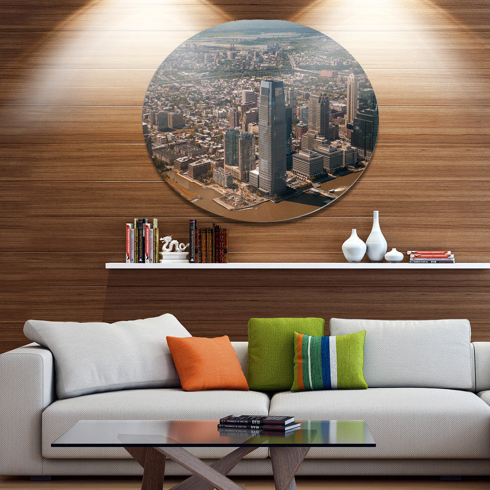 Aerial View Of City From Helicopter, Cityscape Round Metal Artwork, 11"