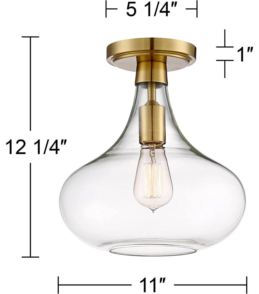 Mid Century Close to Ceiling Light Industrial Gold, Glass, Semi Flush Mount