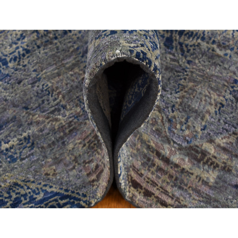 Blue Silk With Wool Erased Rosette Design Hand Knotted Oriental Rug 8'9"x12'