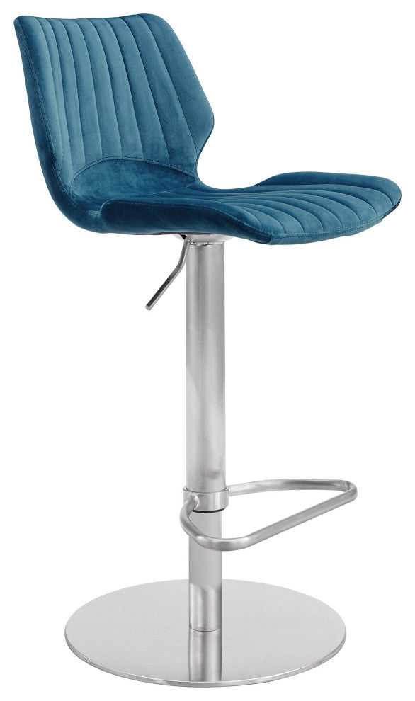 Teal Blue Velvet and Chrome Channel Adjustable Swivel Bar Stool