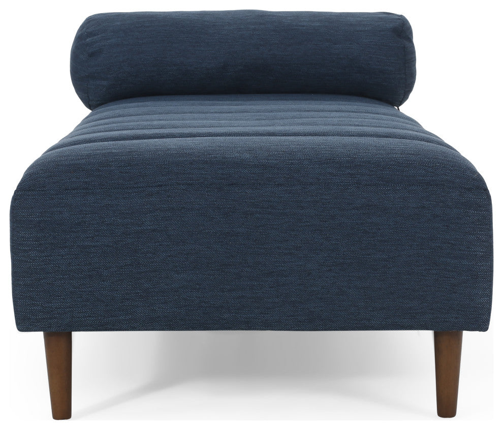 Holmwood Mid Century Modern Fabric Tufted Chaise Lounge With Bolster Pillow, Navy Blue/Natural Walnut
