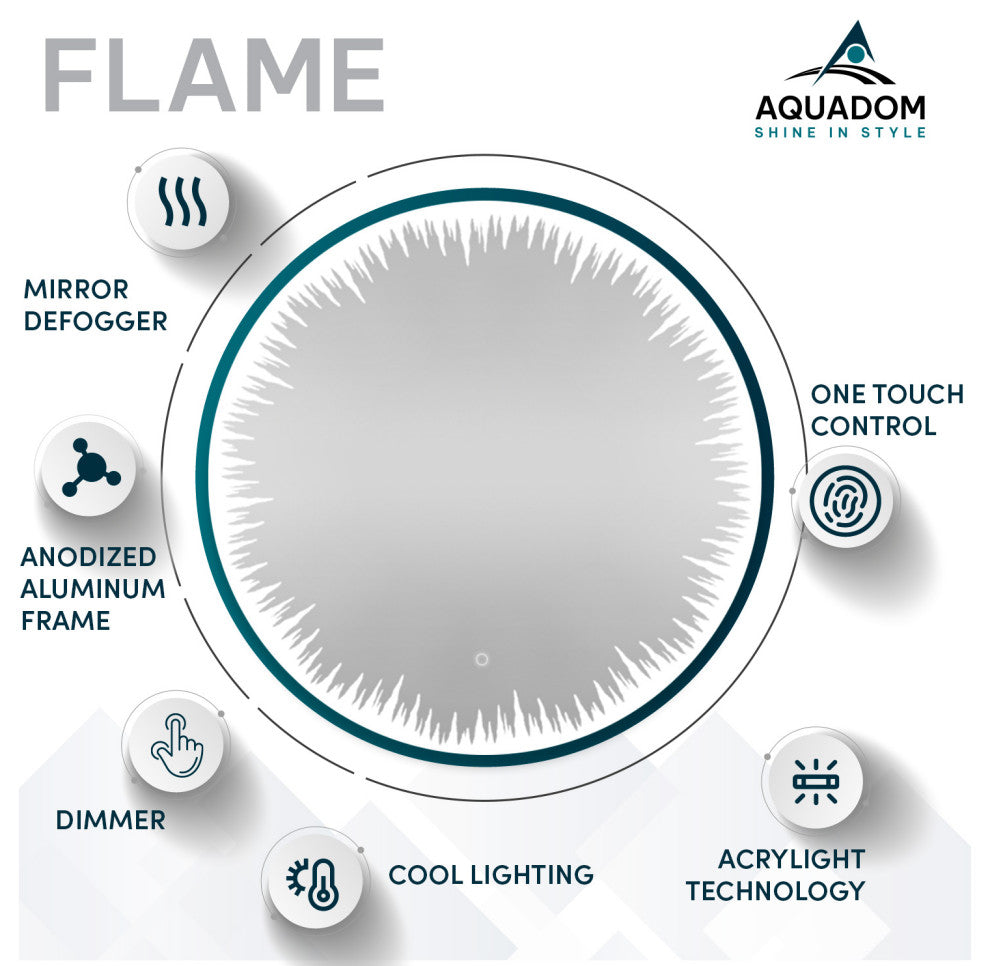36" Flame, LED Lighted Round Mirror With Dimmer, Defogger, Touch Control.