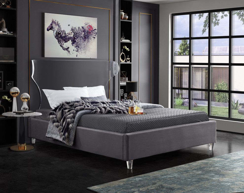 Ghost Velvet Upholstered Bed, Gray, King