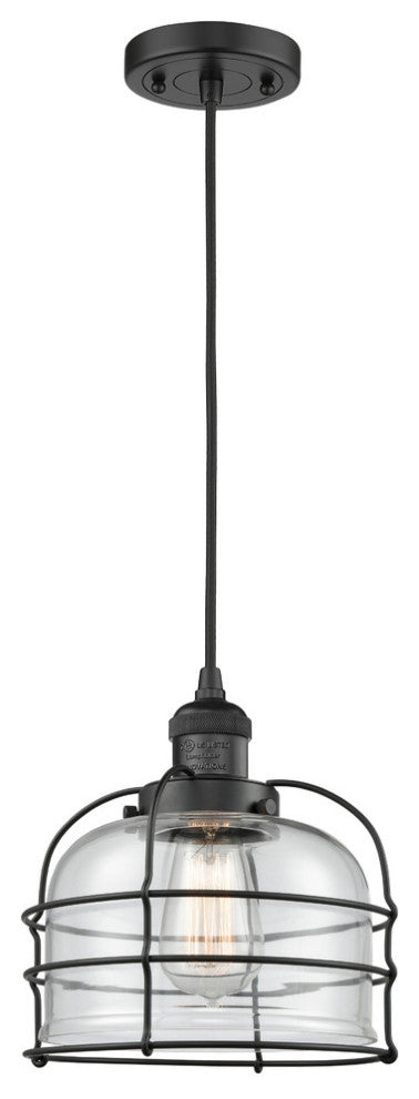 1-Light Large Bell Cage 8" Mini Pendant, Matte Black, Glass: Clear