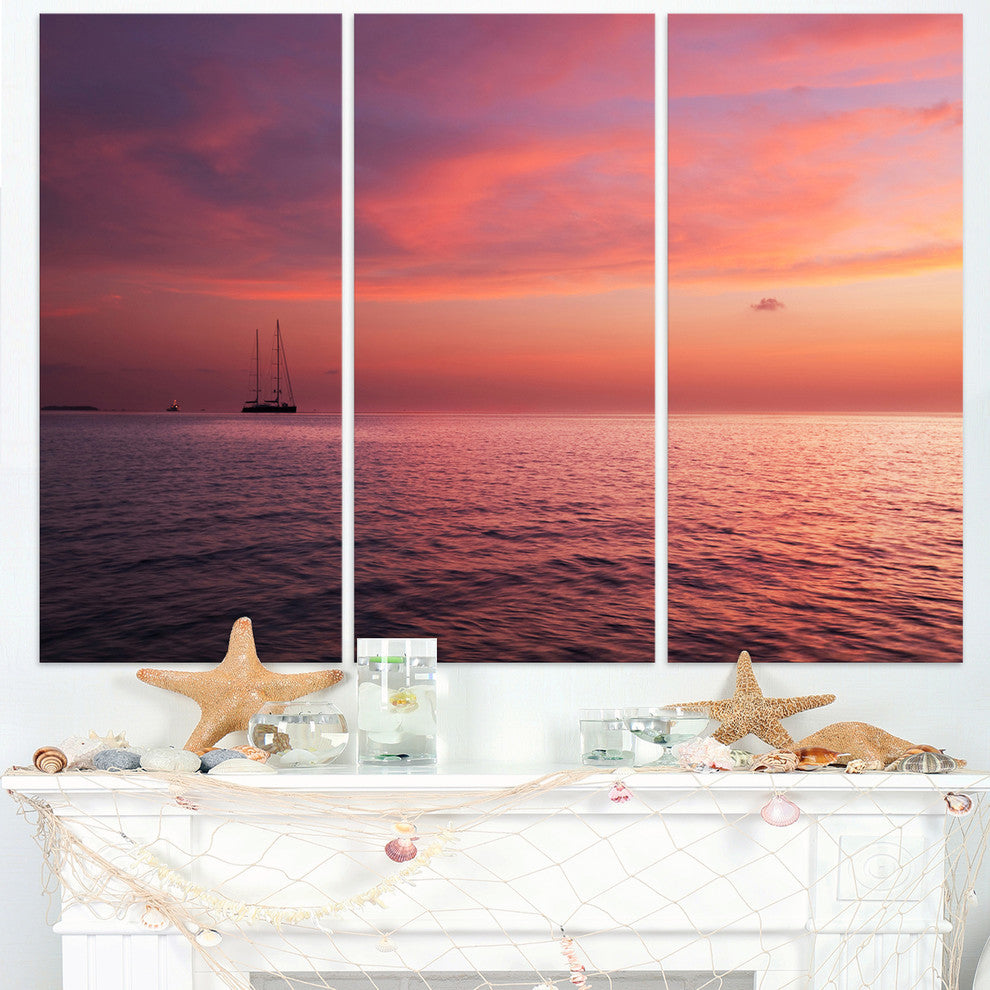 "Reddish Serene Maldives Seashore" Metal Wall Art, 3 Panels, 36"x28"
