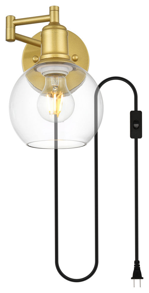 1 Light Brass And Clear Swing Arm Plug, Wall Sconce