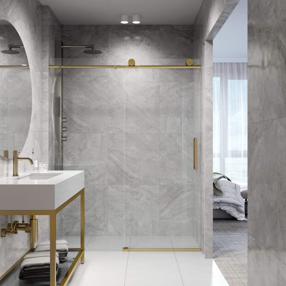 VIGO Elan Frameless Sliding Shower Door, V-Motion, Clear Glass, Matte Brushed Gold, 56" to 60" W X 76" H