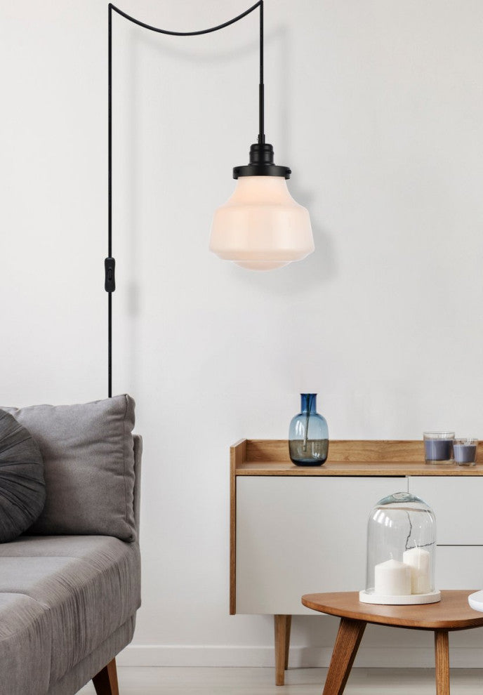 Leighton 1-Light Black and frosted White Glass Plug-In Pendant