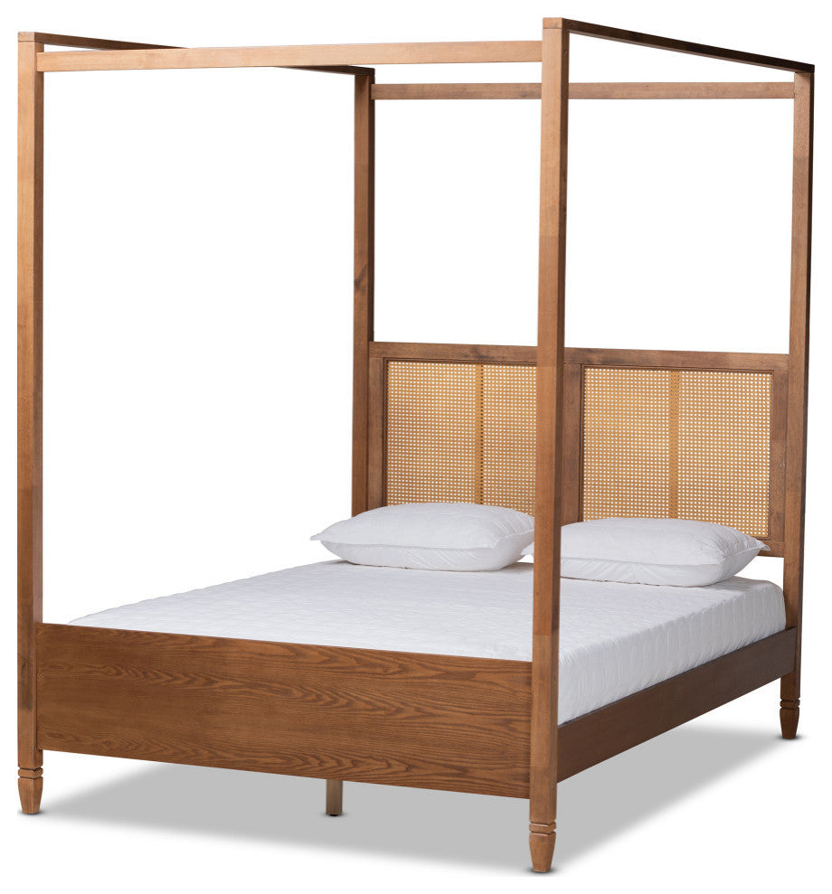 Renesmae Modern Farmhouse Walnut Effect Platform Canopy Bed, King