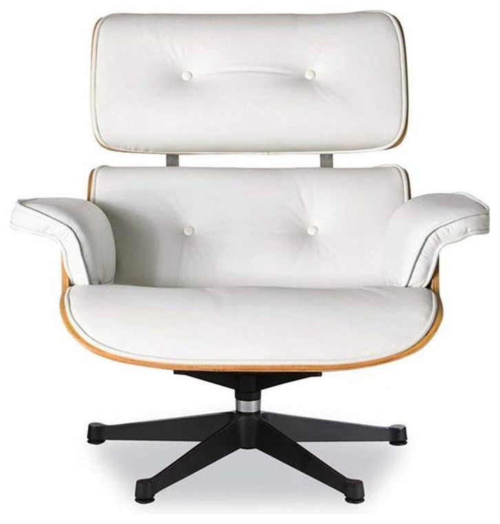 Lounge Chair and Ottoman, White, Palisander Veneer, Premium Top-Grain Italian Le