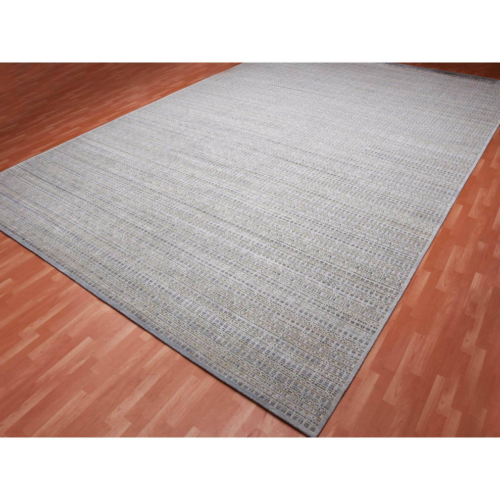 Silver Gray Silk and Wool Hand Knotted Modern Design Oversized Rug, 14'0"x20'4"