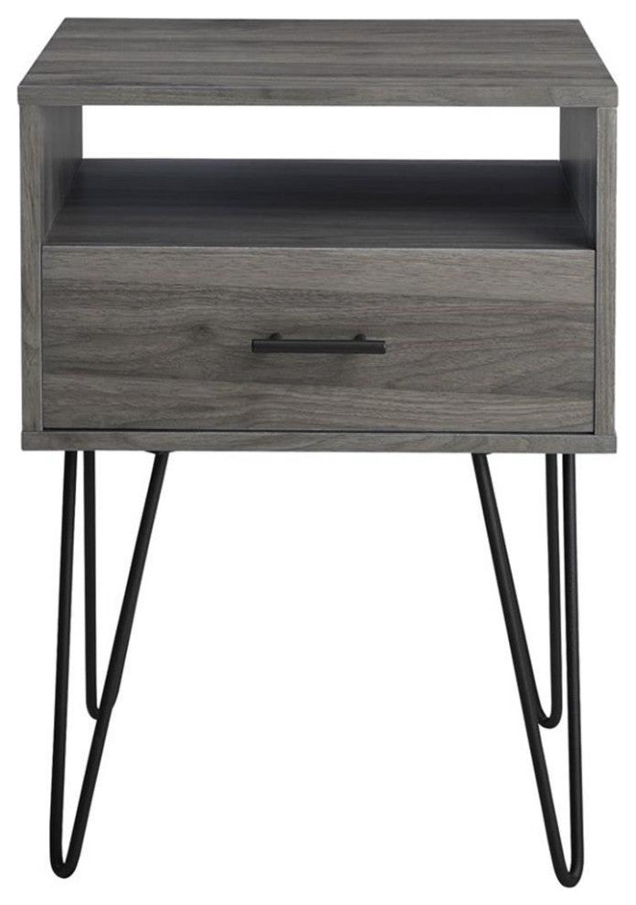 Pemberly Row 18" Single Drawer Hairpin Leg Bedroom Nightstand in Slate Gray