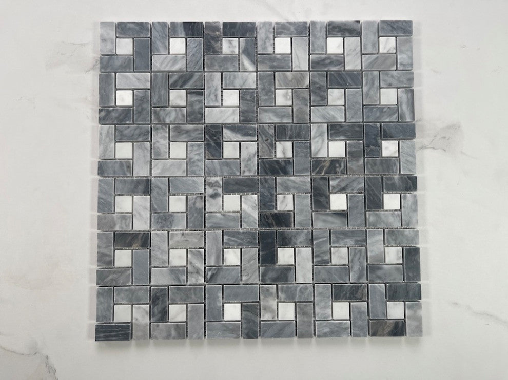 Bardiglio Gray Dark Grey Marble Pinwheel Mosaic Tile White Dots Polish, 1 sheet
