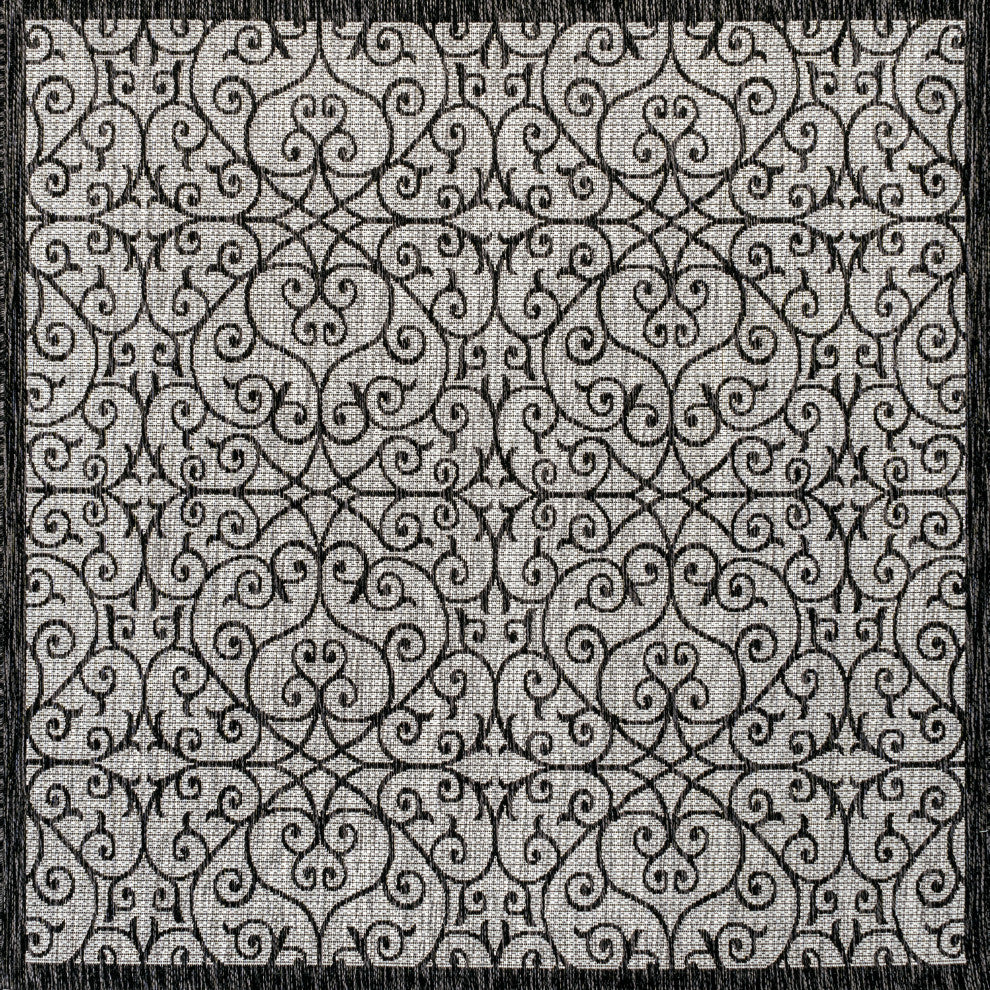 Madrid Vintage Filigree Textured Weave Indoor/Outdoor, Gray/Black, 5' Square