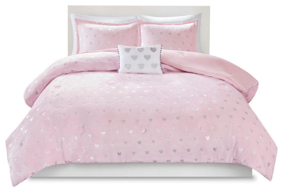Mi Zone Rosalie Metallic Printed Plush Comforter Set, Pink/Silver