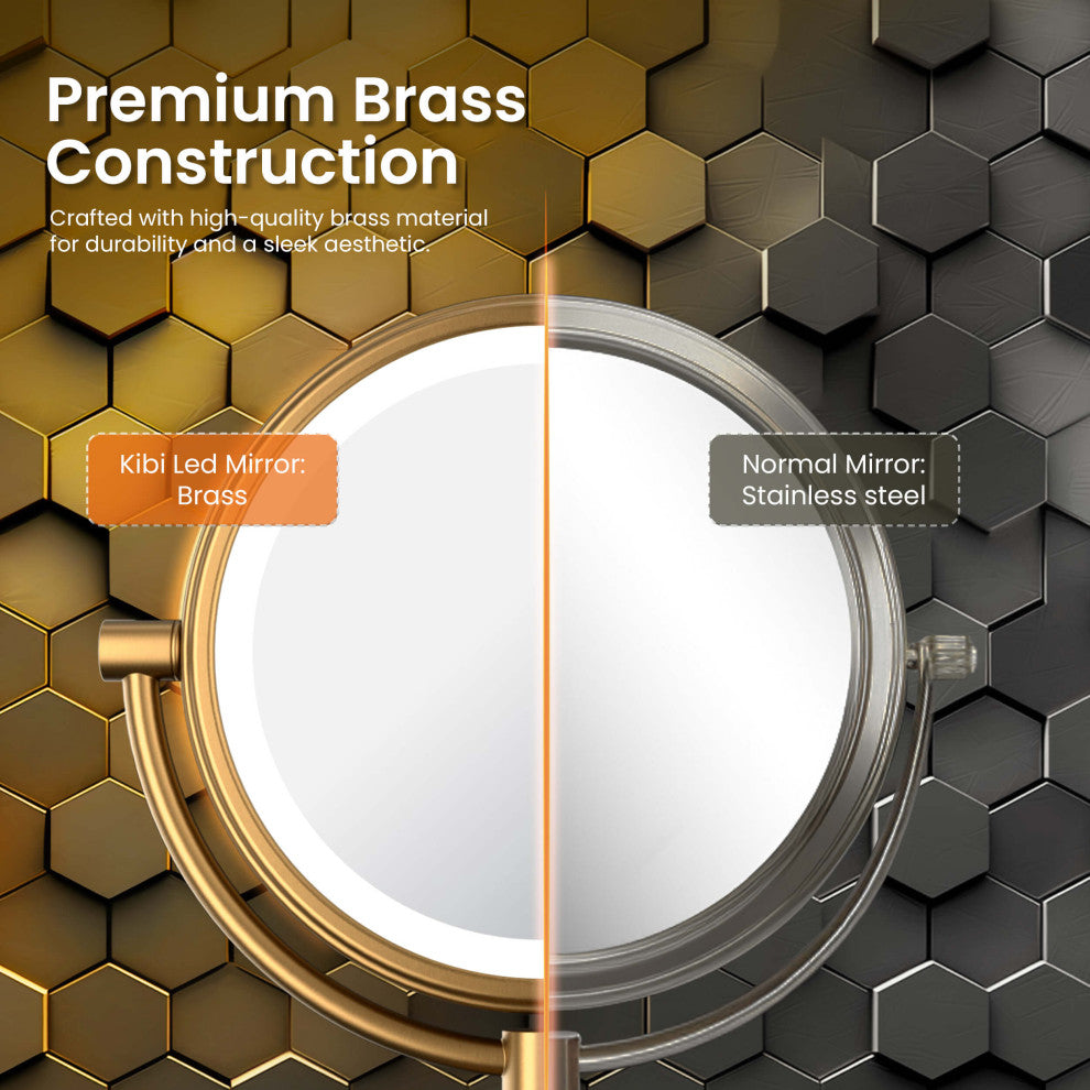 Circular LED Free Standing Magnifying Make Up Mirror, Brushed Gold