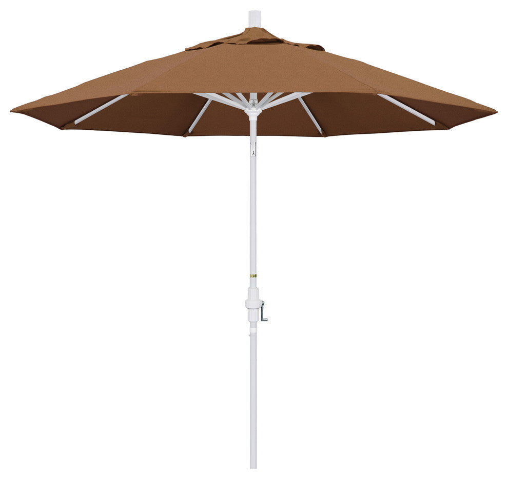 9' Matted White Collar Tilt Crank Lift Aluminum Umbrella, Sunbrella, Teak