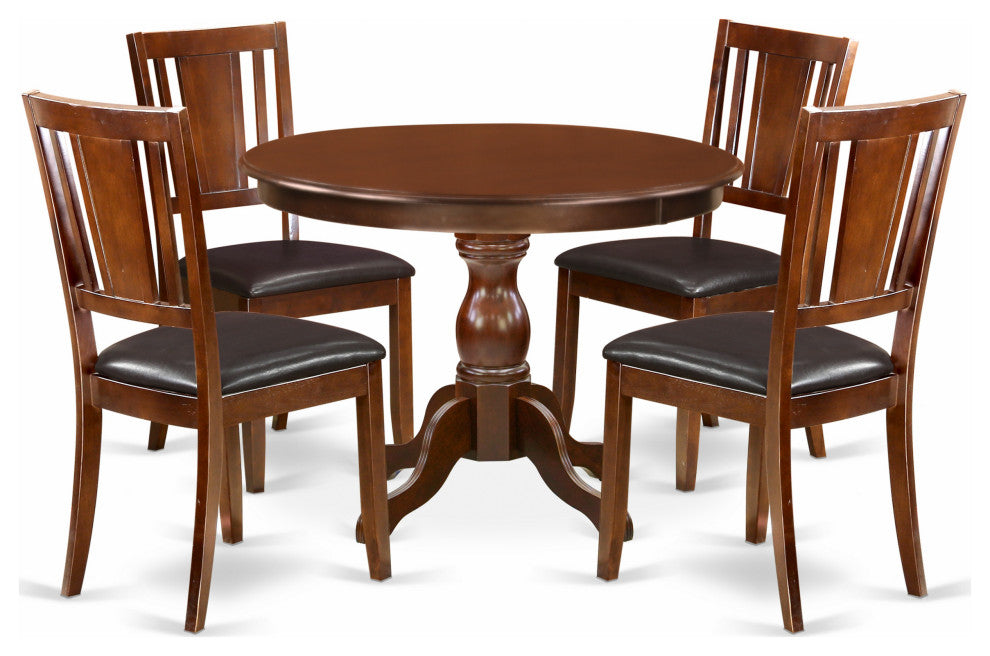 5 Pc Dining Set, Mahogany Table, 4 Mahogany Faux Leather Comfortable Chairs