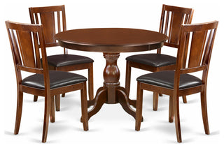 5 Pc Dining Set, Mahogany Table, 4 Mahogany Faux Leather Comfortable Chairs