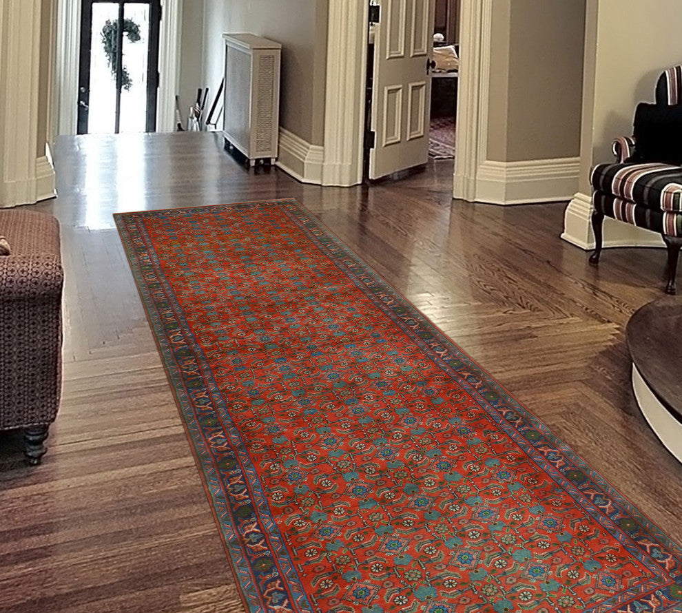 Fine Vintage Distressed Talbert Red/Navy Runner, 3'5x13'5