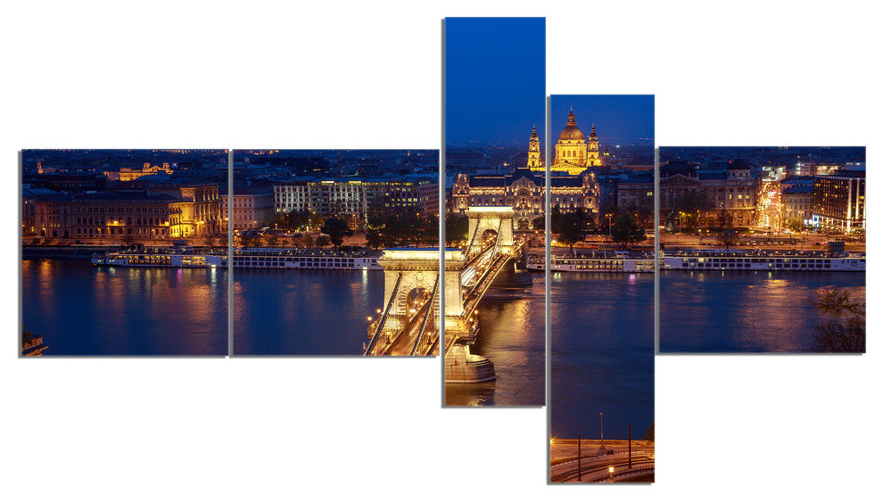 Illuminated Cain Bridge Budapest, Cityscape Canvas Art Print, 60"x32", 5 panels