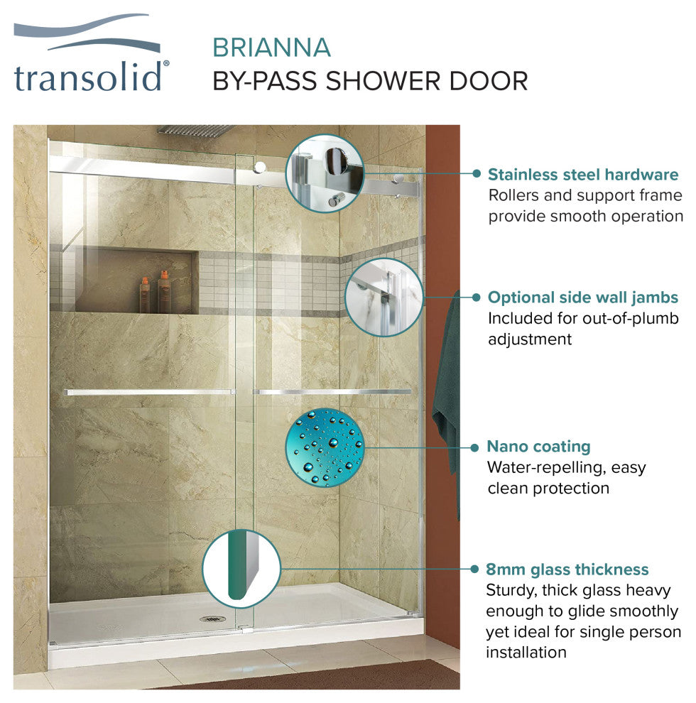 Transolid Brianna 60" W x 62" H Frameless Sliding Shower Door, Polished Chrome