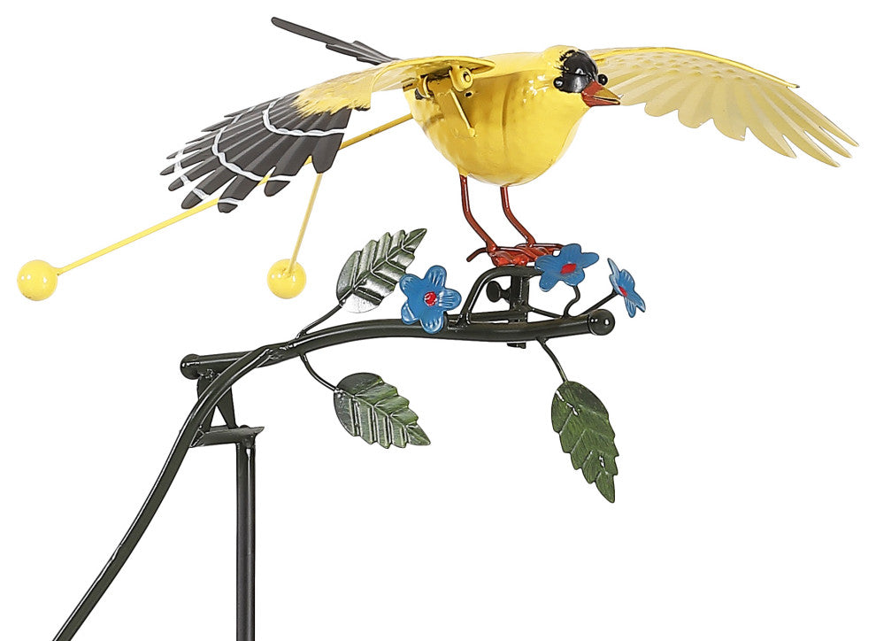 Metal Rocking Flying Goldfinch Rustic Balancing Garden Stake Wind Sculpture
