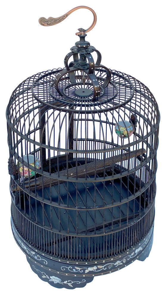 Chinese Tan Rosewood Mother of Pearl Inlay Round Collectable Birdcage Hcs7323