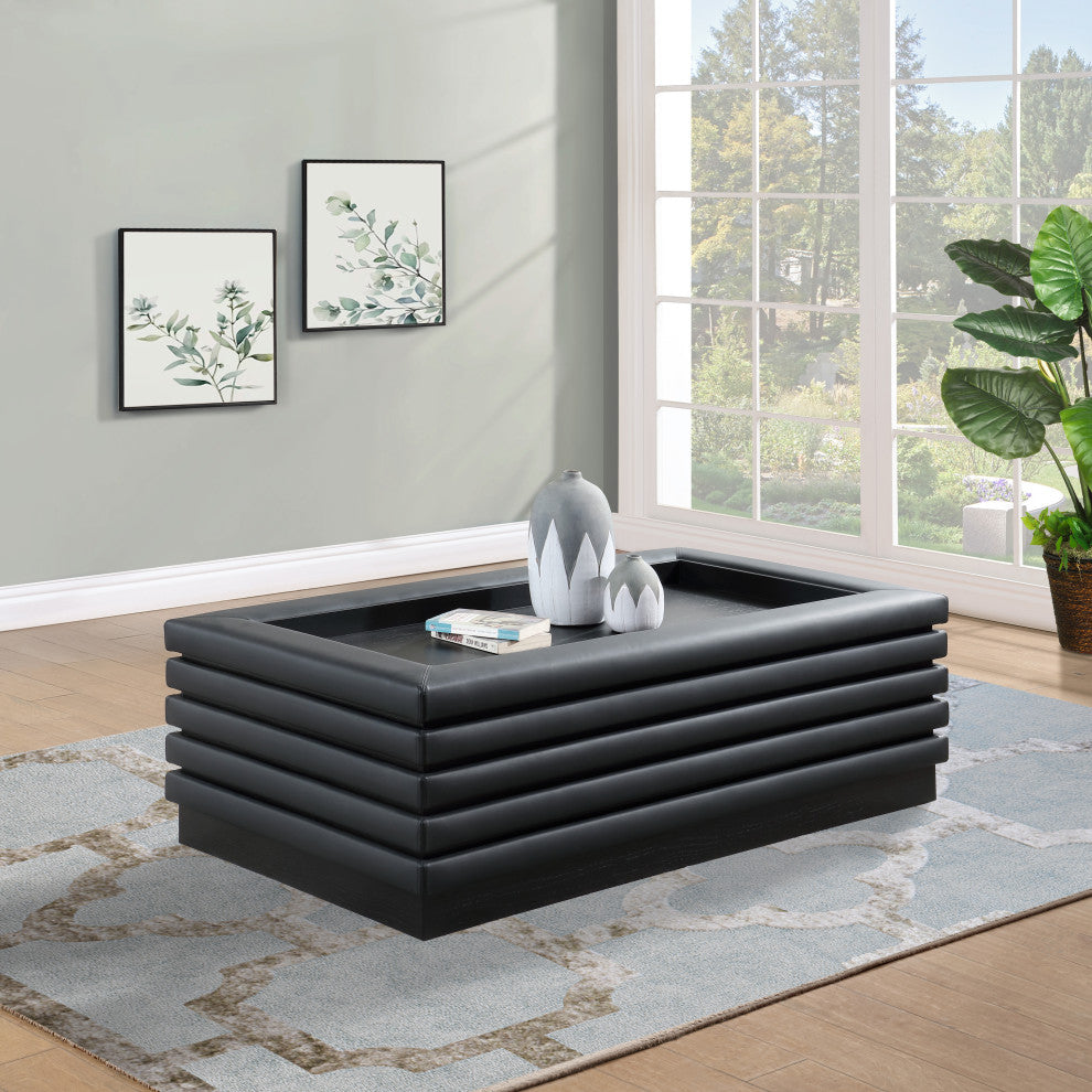 Rory Black Faux Leather Coffee Table, Black, Rectangular, Black Finish