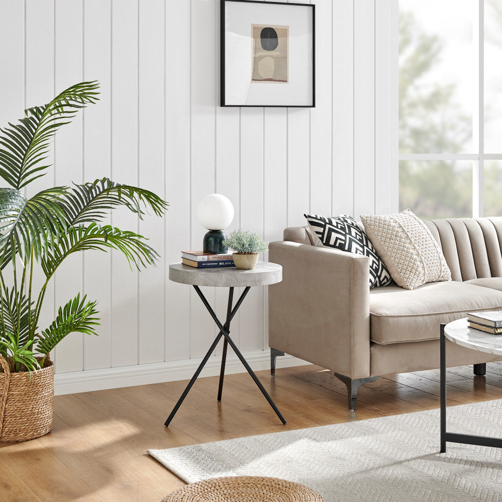 Circular Modern Grey Concrete Finish Black Metal Legs Accent Table