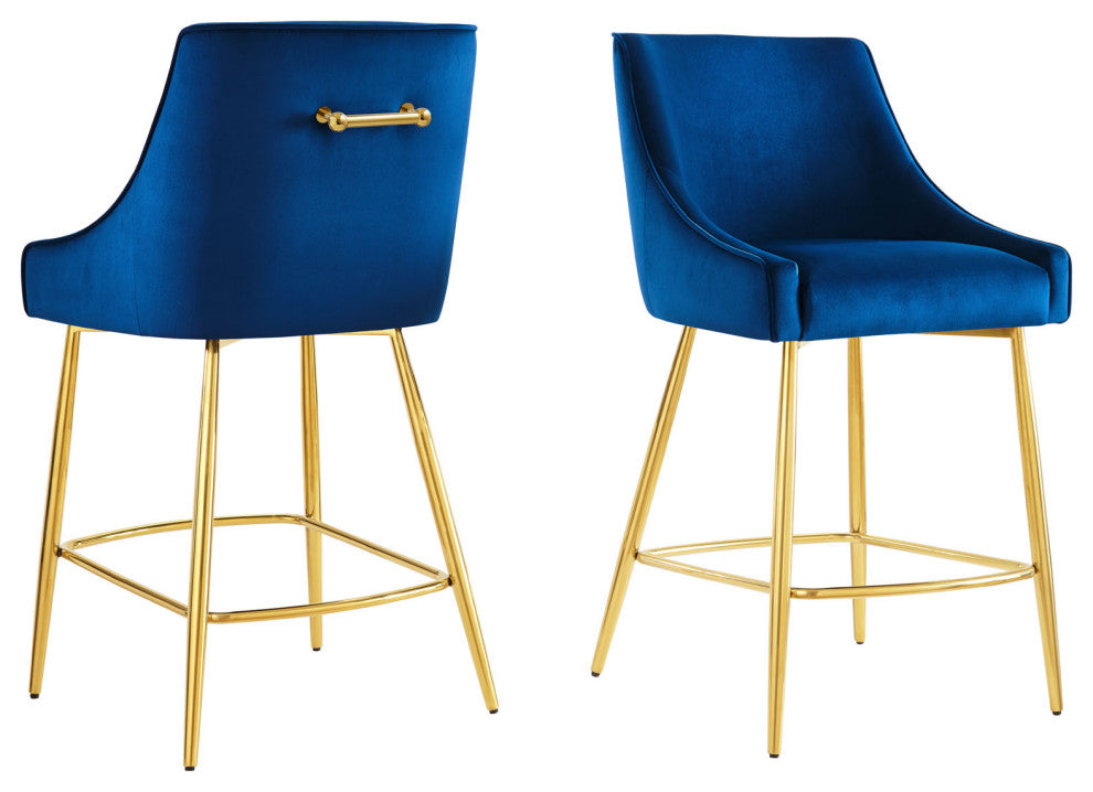 Counter Stool Chair, Set of 2, Blue Navy, Velvet, Modern, Mid Century Lounge