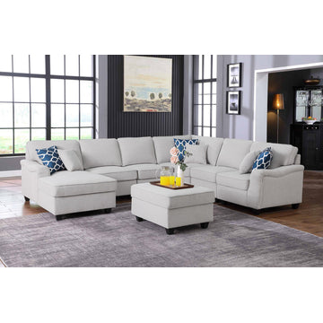 Leo Light Gray Linen 7Pc Modular L-Shape Sectional Chaise, Ottoman, 89121-14