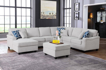 Leo Light Gray Linen 7Pc Modular L-Shape Sectional Chaise, Ottoman, 89121-14