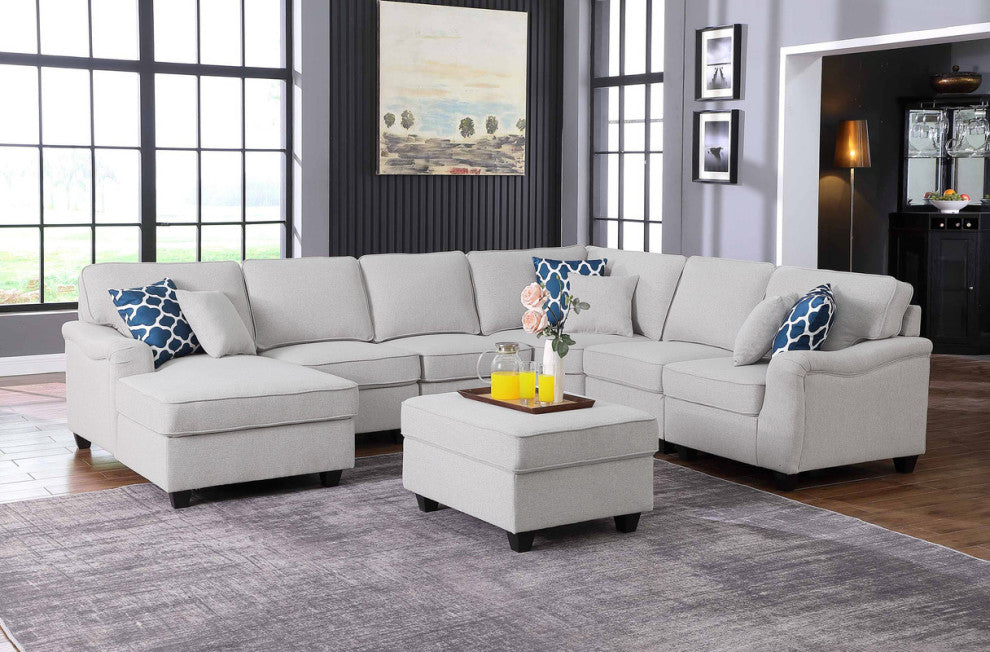 Leo Light Gray Linen 7Pc Modular L-Shape Sectional Chaise, Ottoman, 89121-14