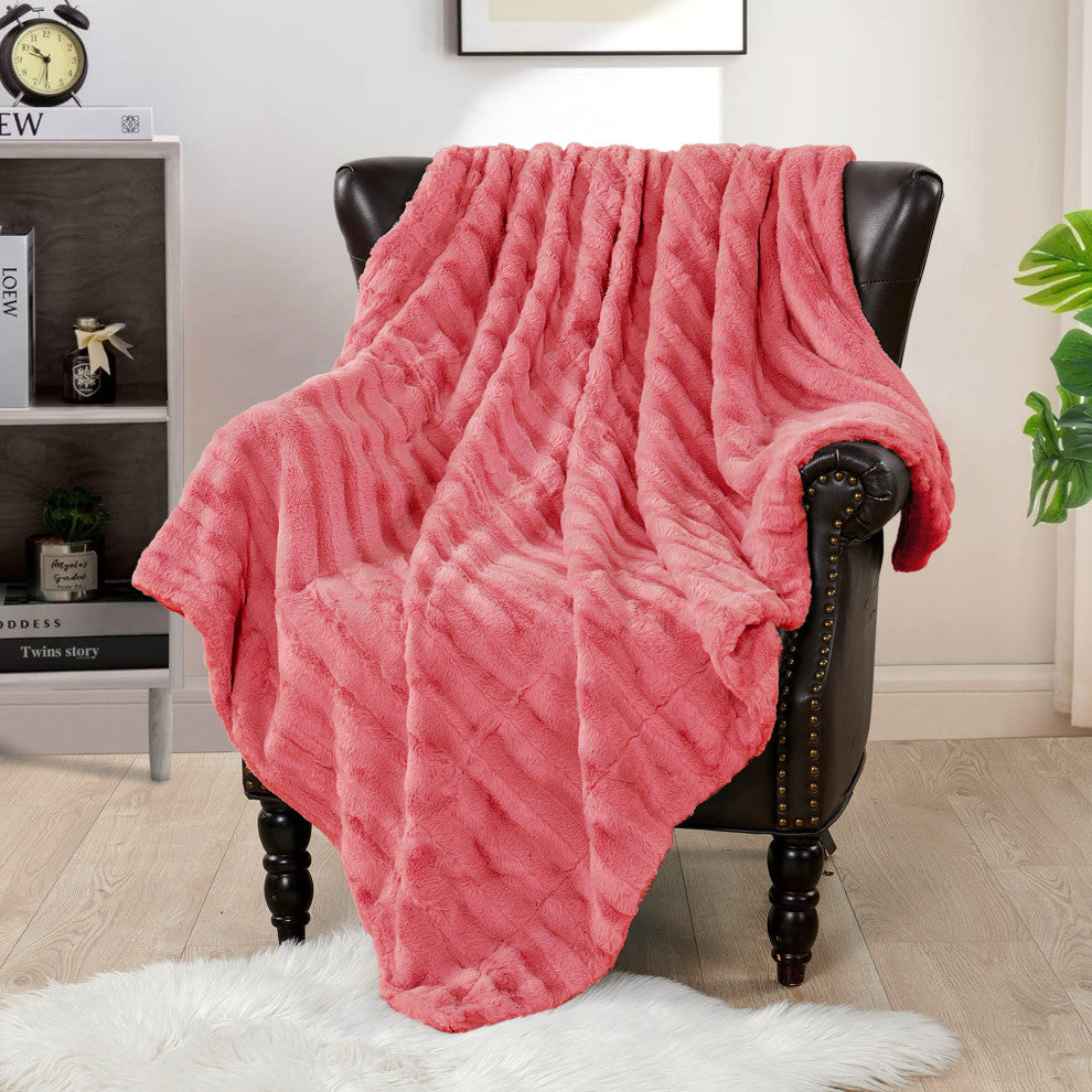 Derby Double Sided Faux Fur Throw Blanket, Spice Coral
