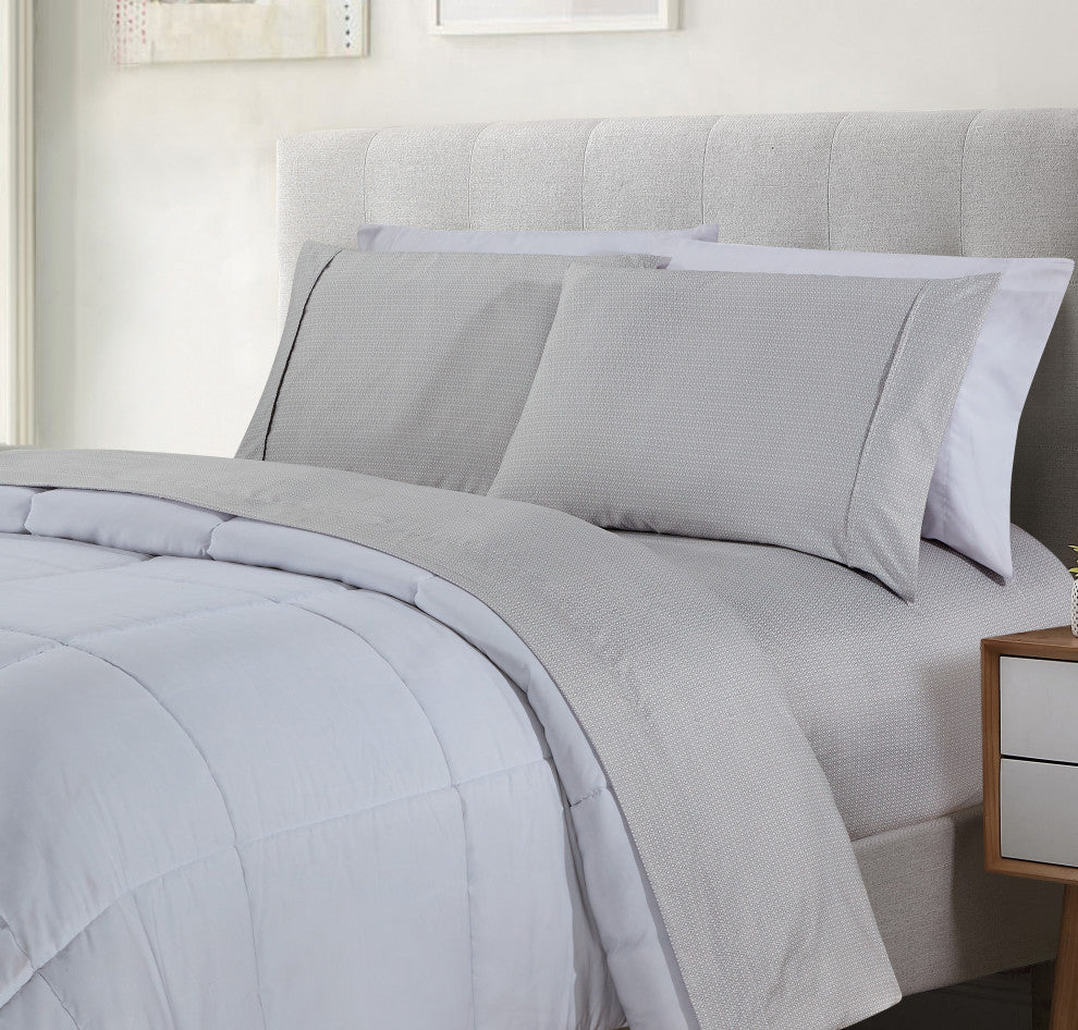 Bibb Home 4 Piece Printed Microfiber Sheet Set, Silver Diamond, Twin