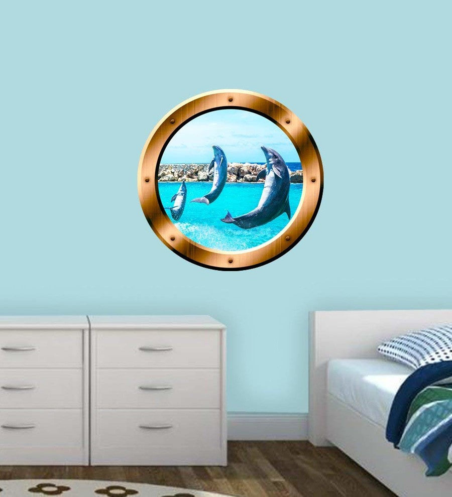 VWAQ Dolphin Porthole Porpoise Wall Decal, 14" Diameter