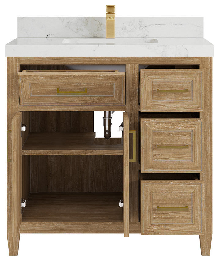 Santa Monica 36 Center Sink Bath Vanity in Whitewashed Teak 2" Calacatta Nuvo