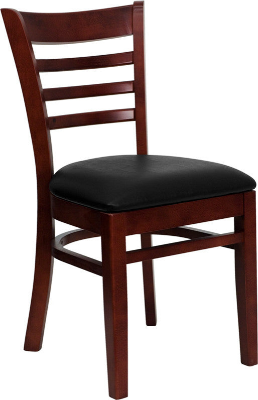 Ladder Back Mahogany Wood Restaurant Chair, Black Vinyl Seat